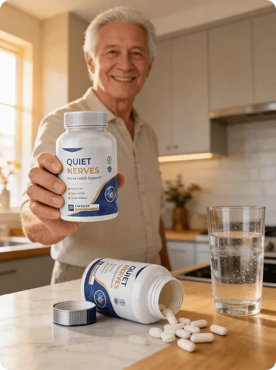senior man holding quiet nerves bottle
